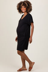 Black Brushed Rolled Short Sleeve V-Neck Maternity Dress
