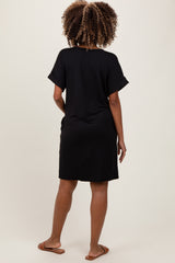 Black Brushed Rolled Short Sleeve V-Neck Maternity Dress