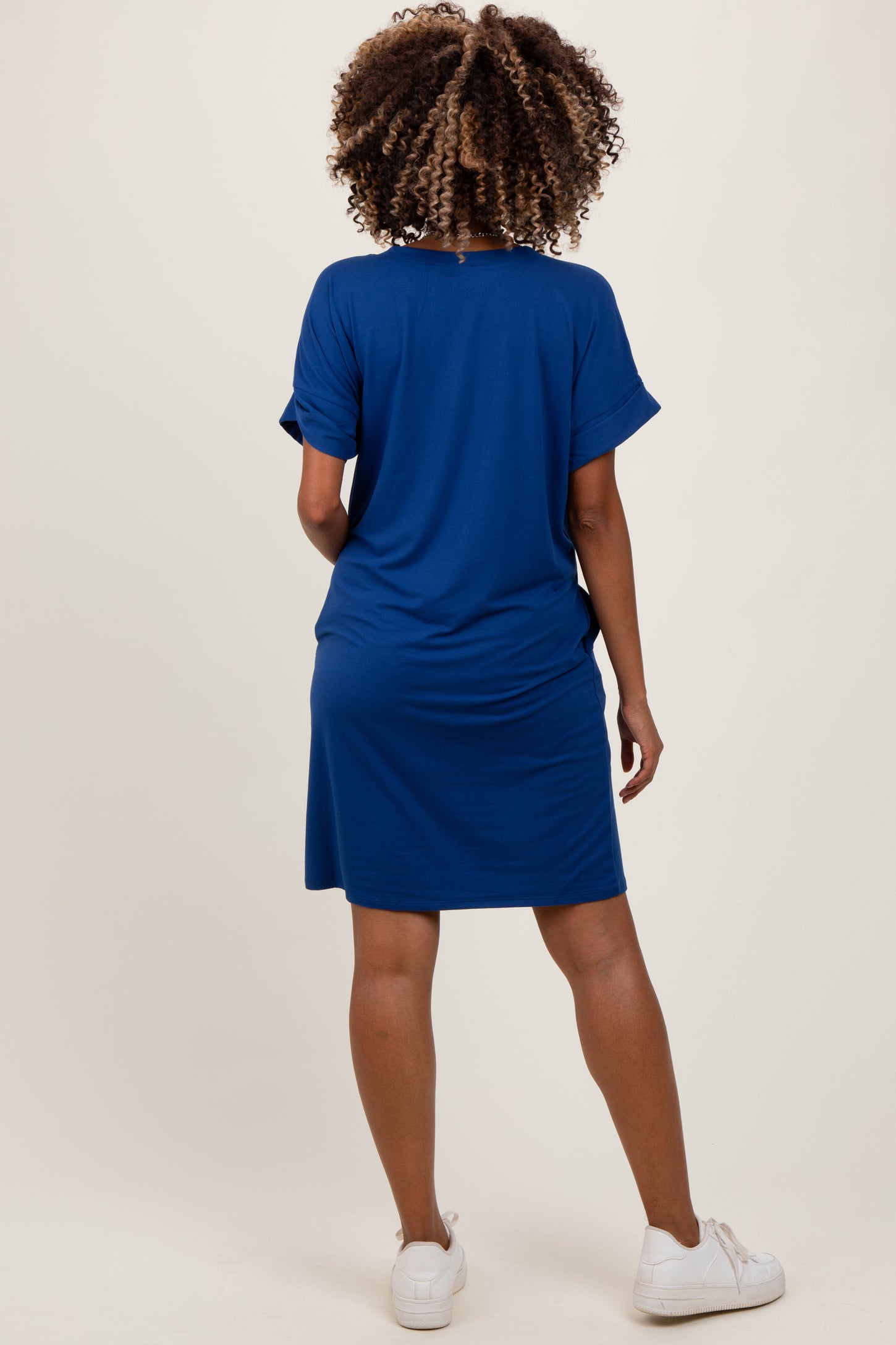 Navy Brushed Rolled Short Sleeve V-Neck Maternity Dress