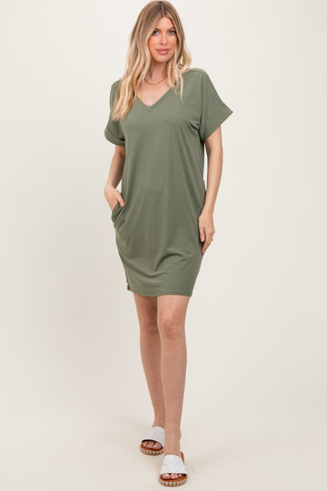 Light Olive Brushed Rolled Short Sleeve V-Neck Dress