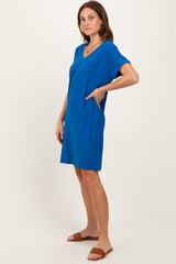 Royal Blue Brushed Rolled Short Sleeve V-Neck Dress