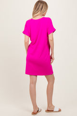 Fuchsia Brushed Rolled Short Sleeve V-Neck Dress
