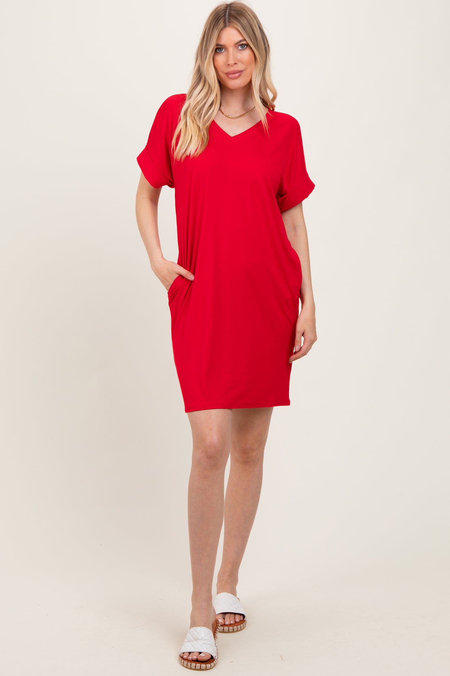 Red Brushed Rolled Short Sleeve V-Neck Dress