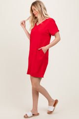 Red Brushed Rolled Short Sleeve V-Neck Dress