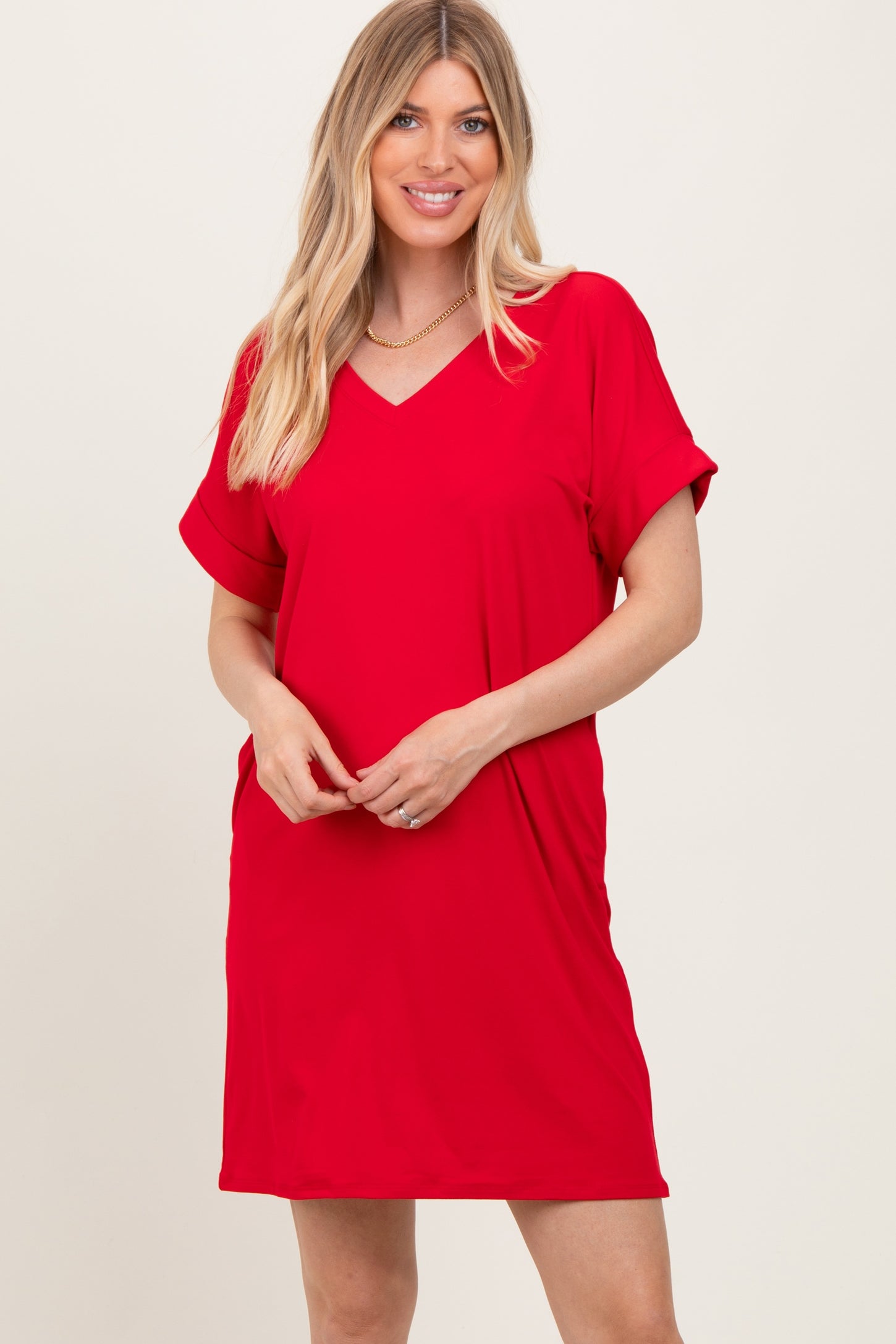 Red Brushed Rolled Short Sleeve V-Neck Dress