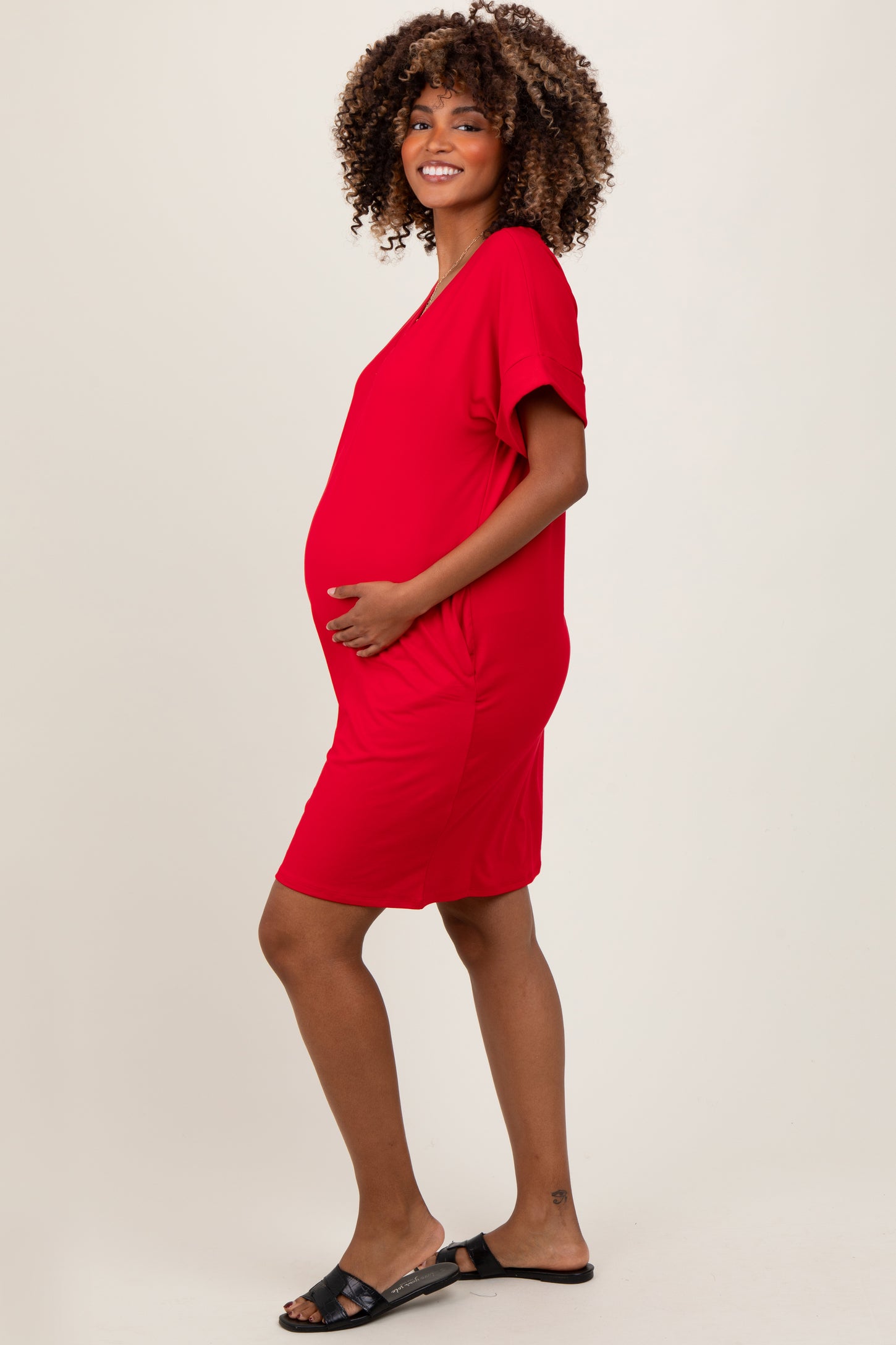 Red Brushed Rolled Short Sleeve V-Neck Maternity Dress – PinkBlush