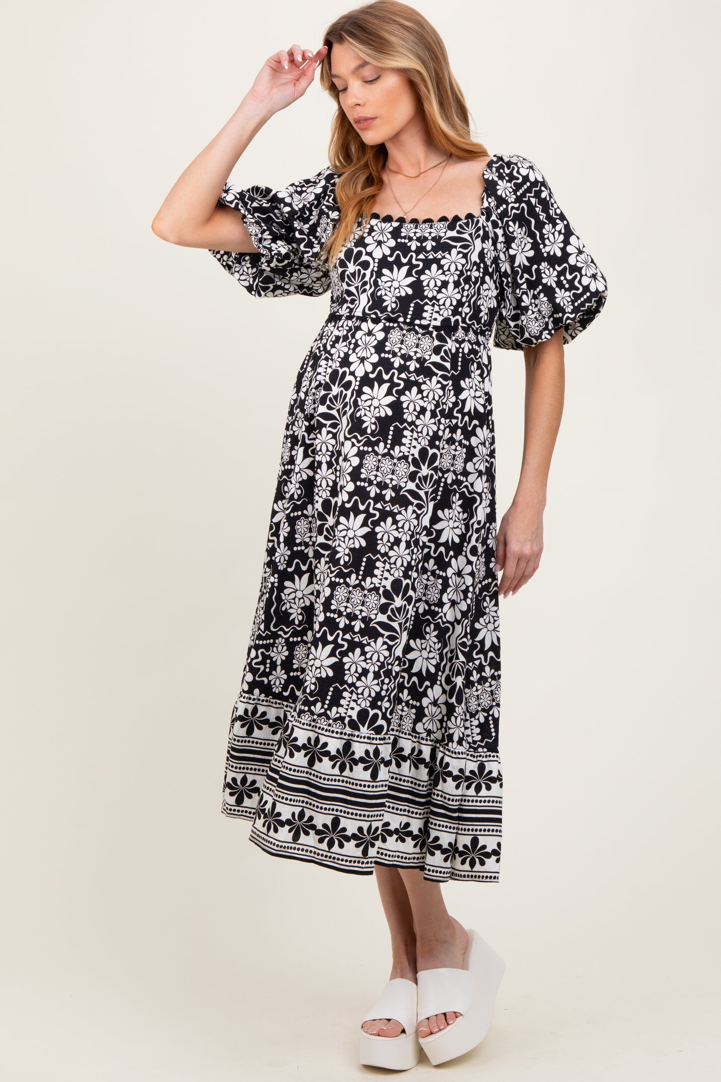 Black Floral Scallop Trim Maternity Midi Dress