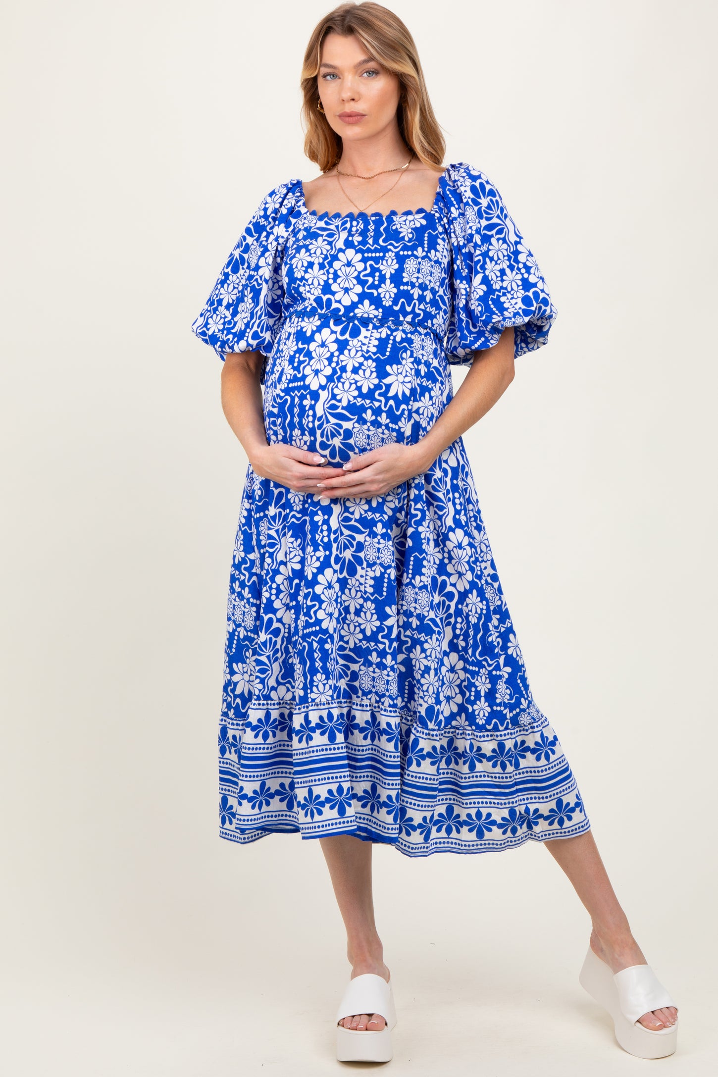 Blue Floral Scallop Trim Maternity Midi Dress