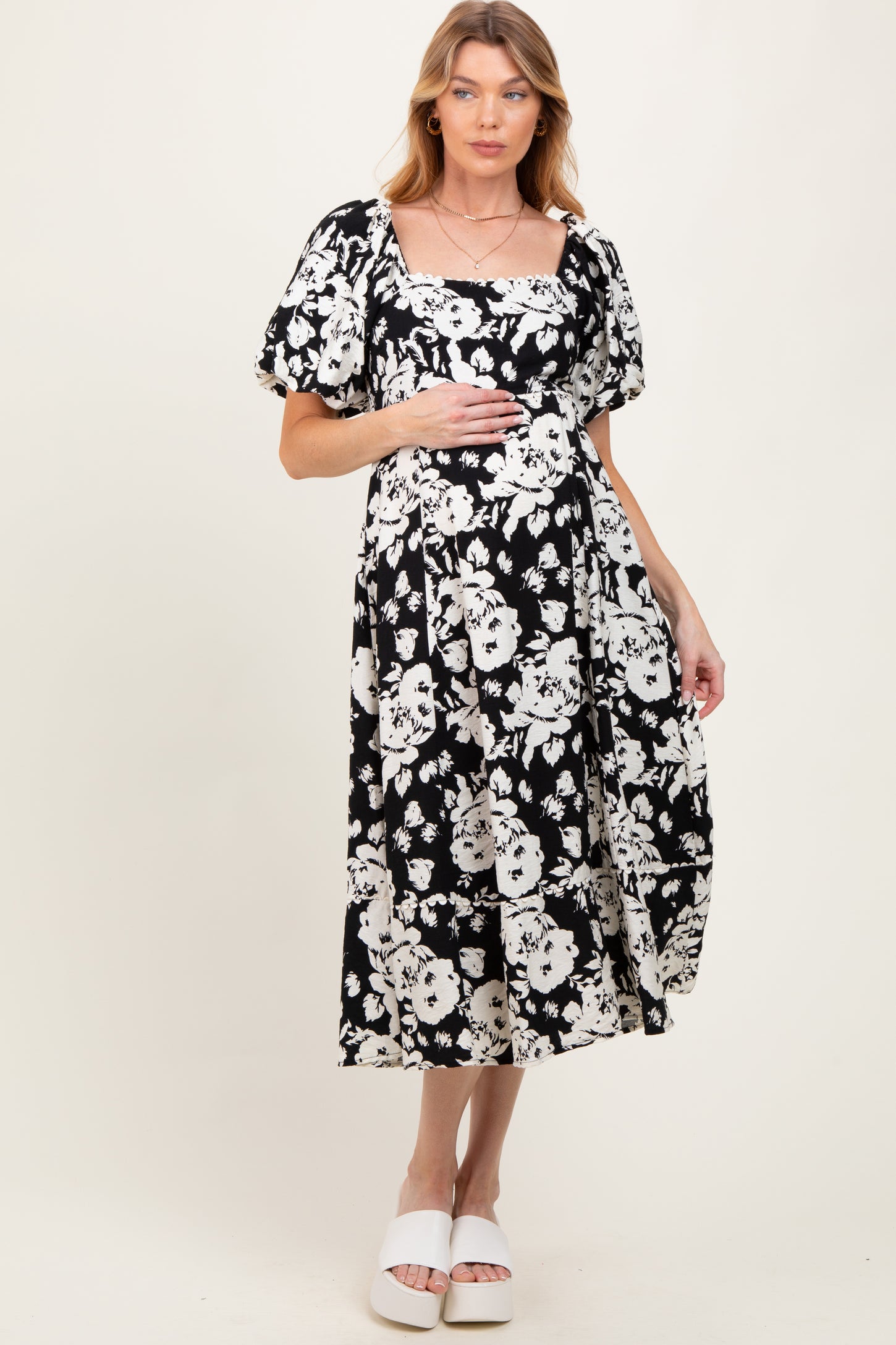 Black Floral Scallop Trim Puff Sleeve Maternity Midi Dress