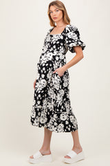 Black Floral Scallop Trim Puff Sleeve Maternity Midi Dress