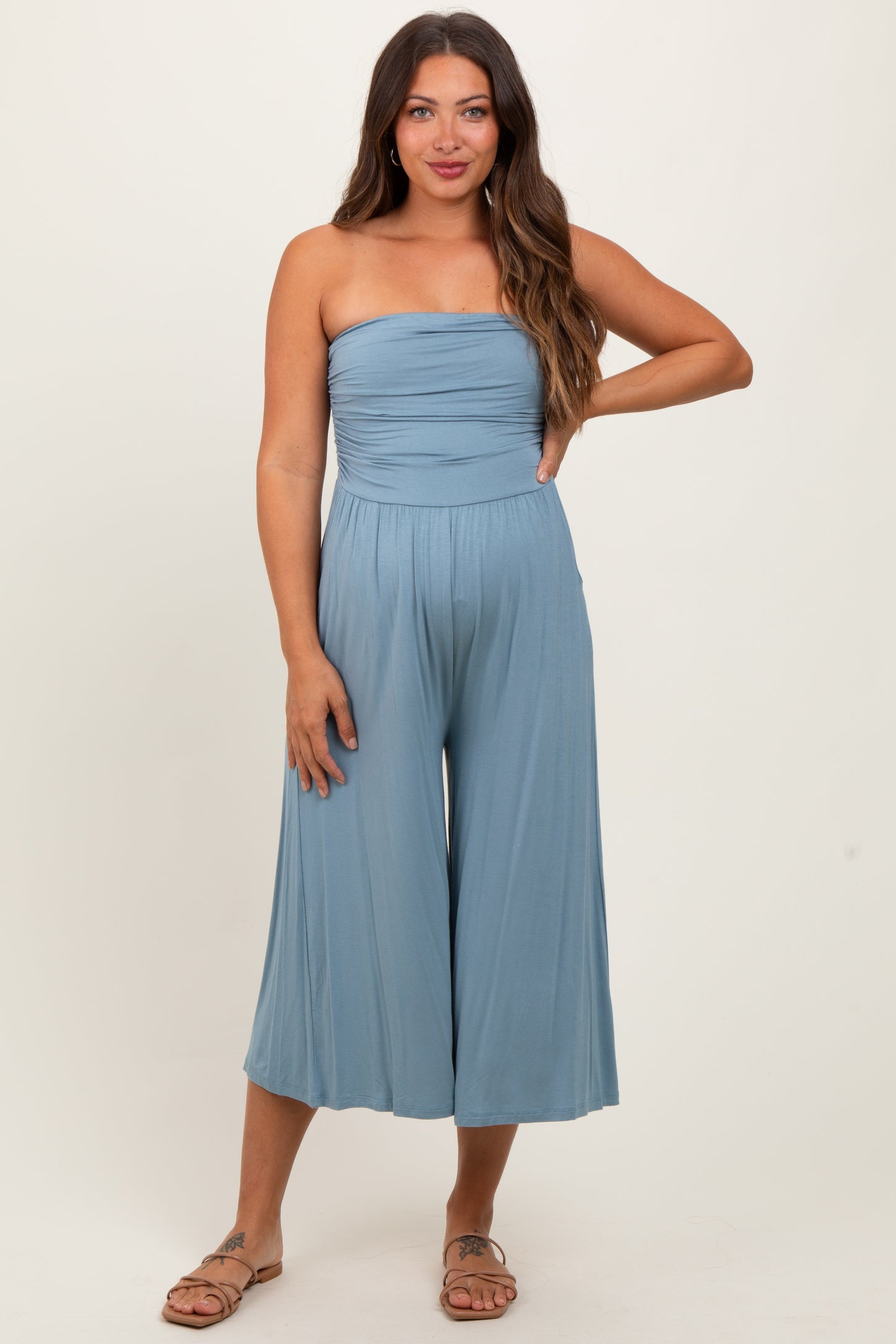 Light Blue Double Layered Strapless Tube Top Maternity Jumpsuit
