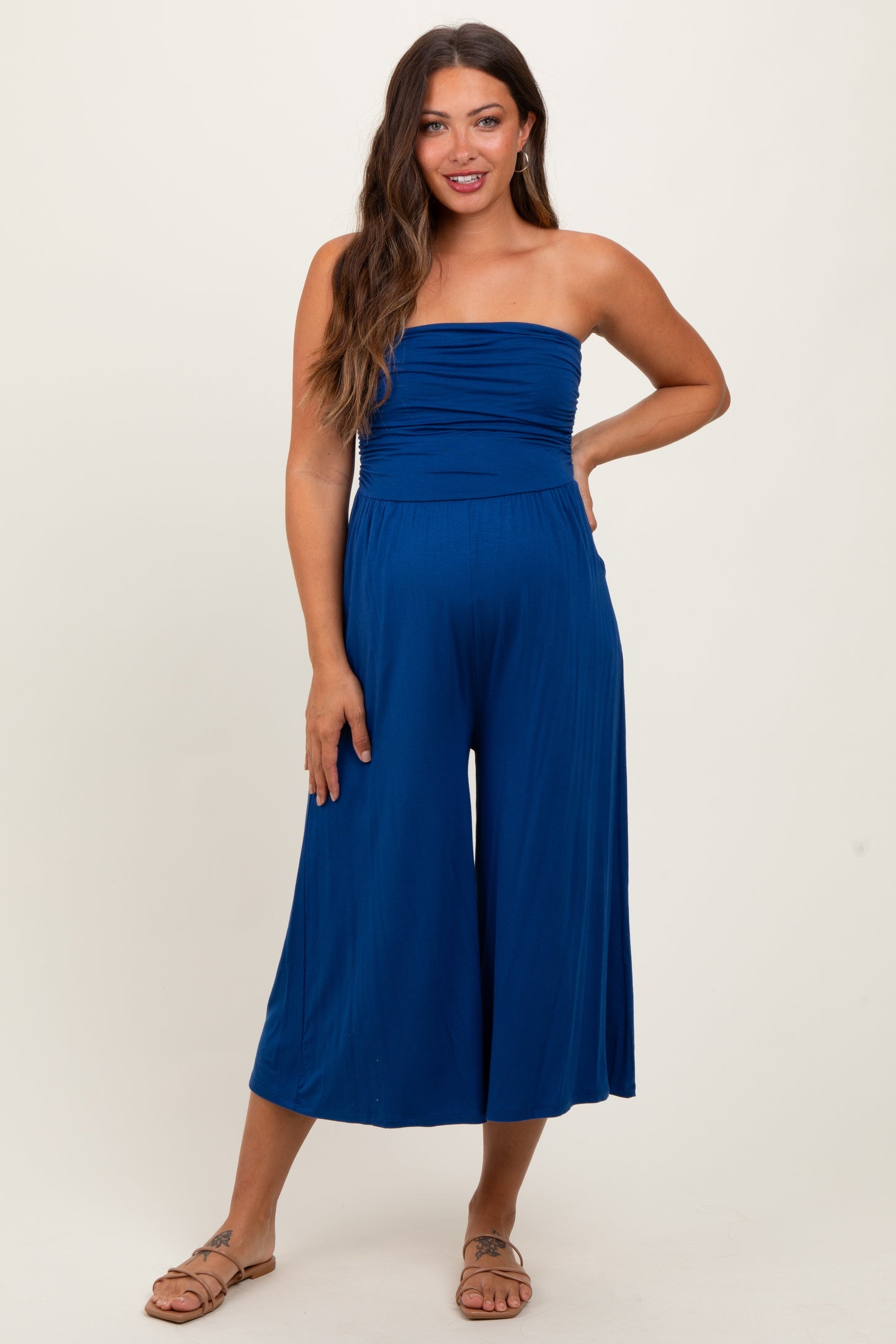 Navy Double Layered Strapless Tube Top Maternity Jumpsuit