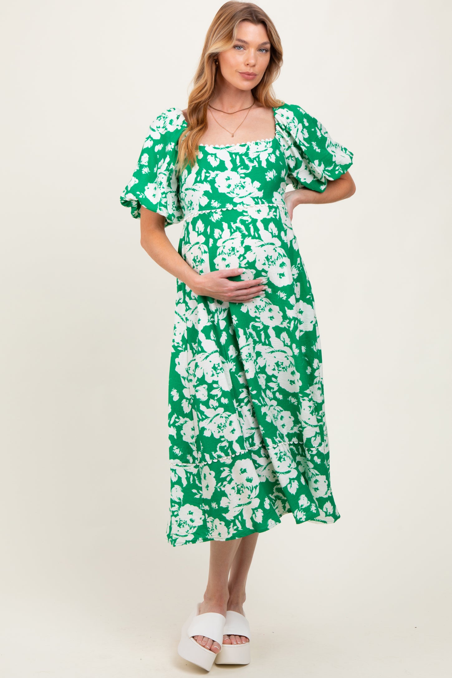 Green Floral Scallop Trim Puff Sleeve Maternity Midi Dress