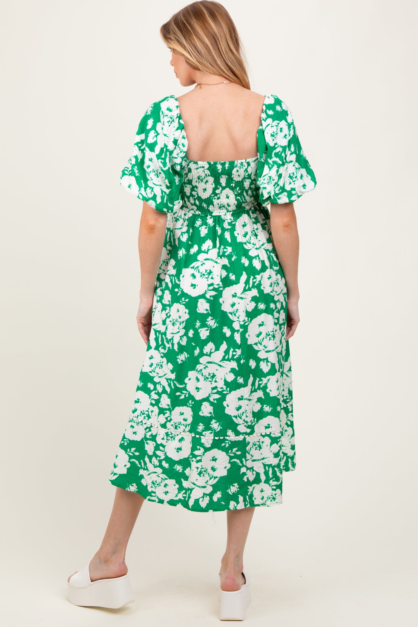 Green Floral Scallop Trim Puff Sleeve Maternity Midi Dress