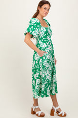 Green Floral Scallop Trim Puff Sleeve Midi Dress