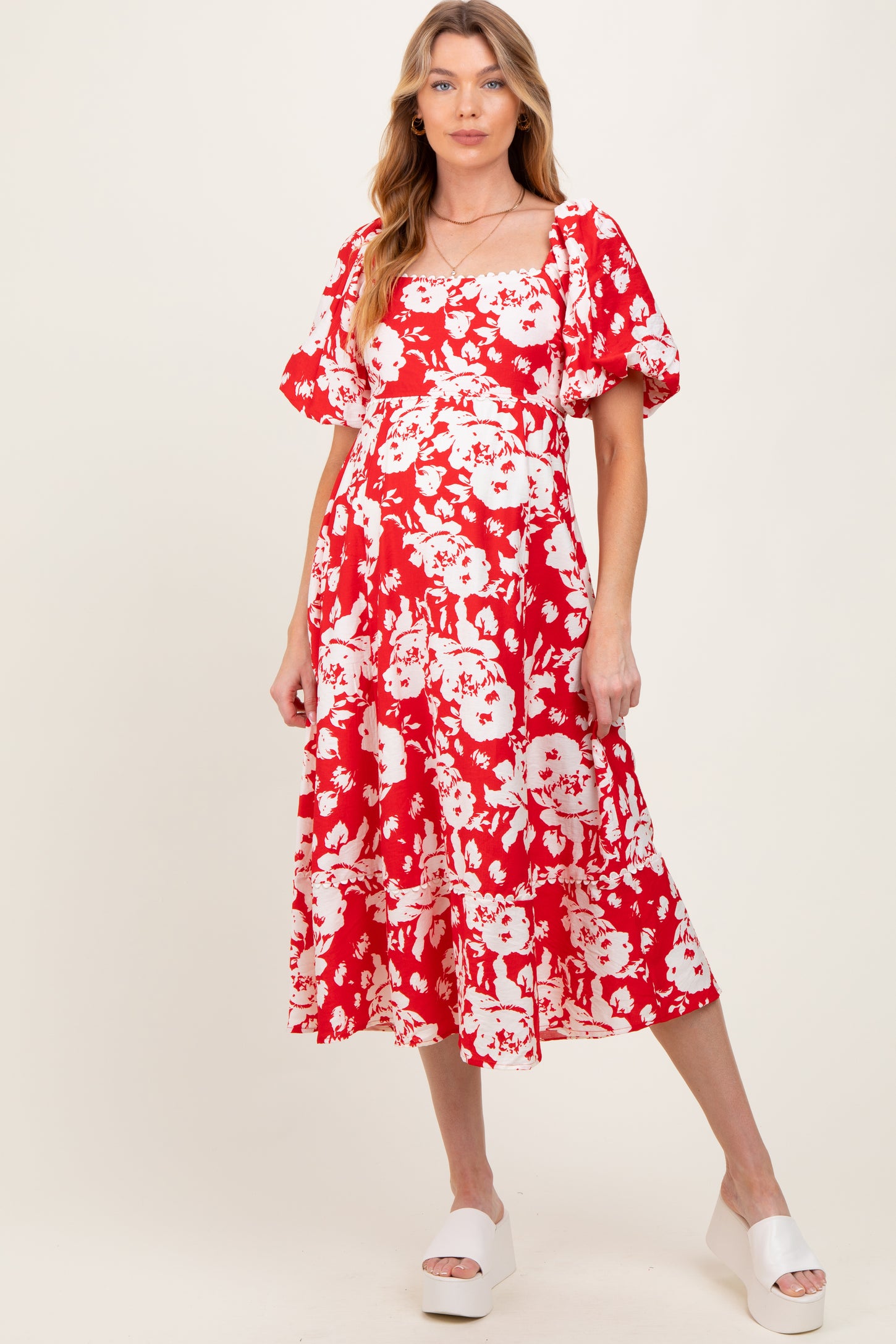 Red Floral Scallop Trim Puff Sleeve Maternity Midi Dress