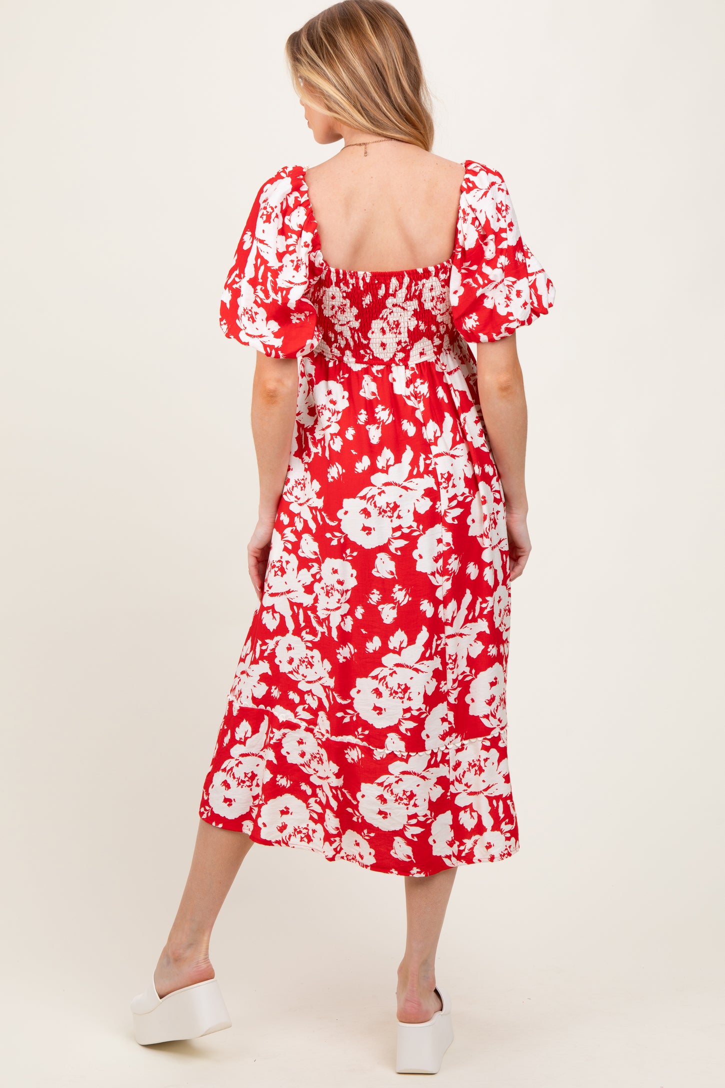 Red Floral Scallop Trim Puff Sleeve Maternity Midi Dress