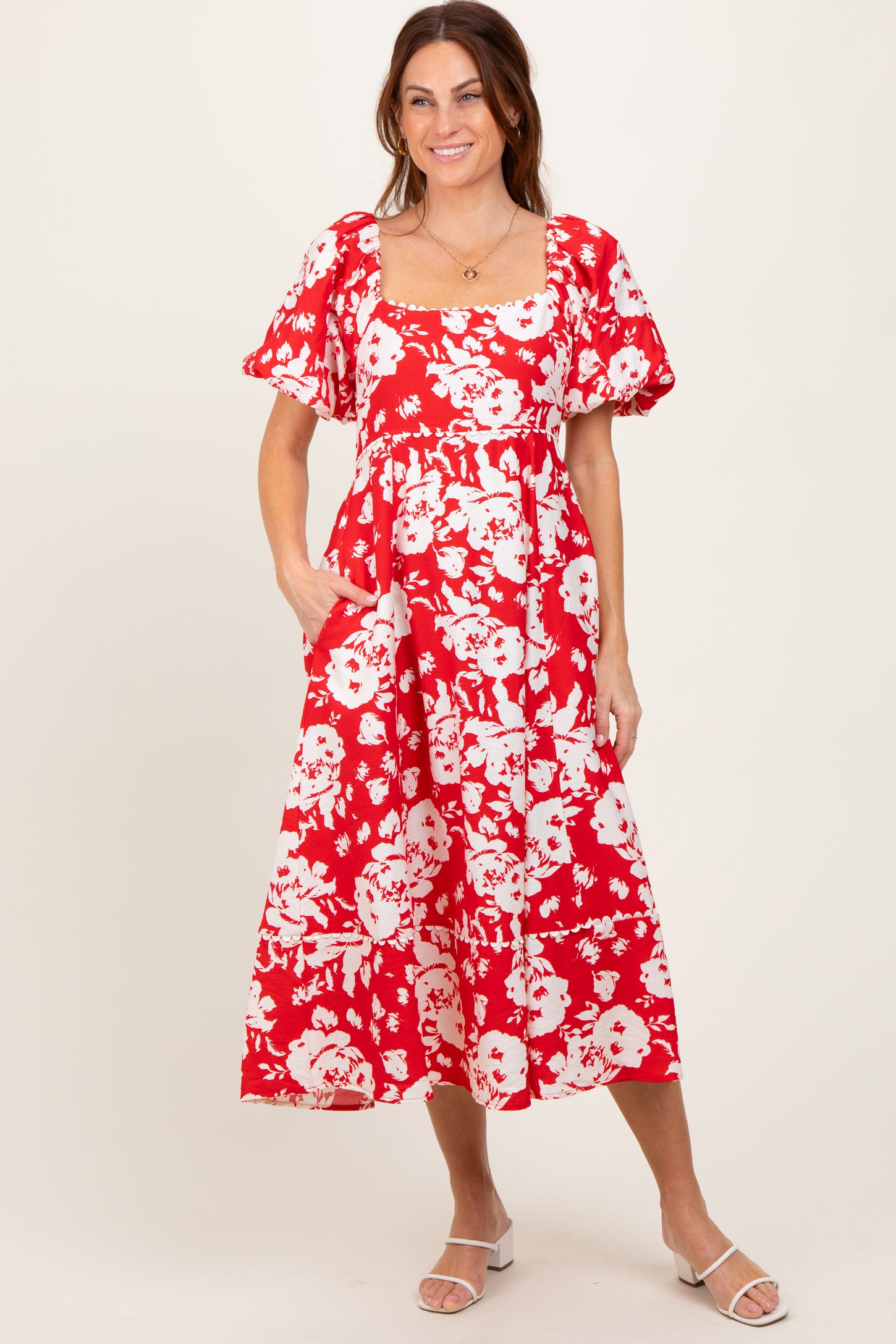 Red Floral Scallop Trim Puff Sleeve Midi Dress