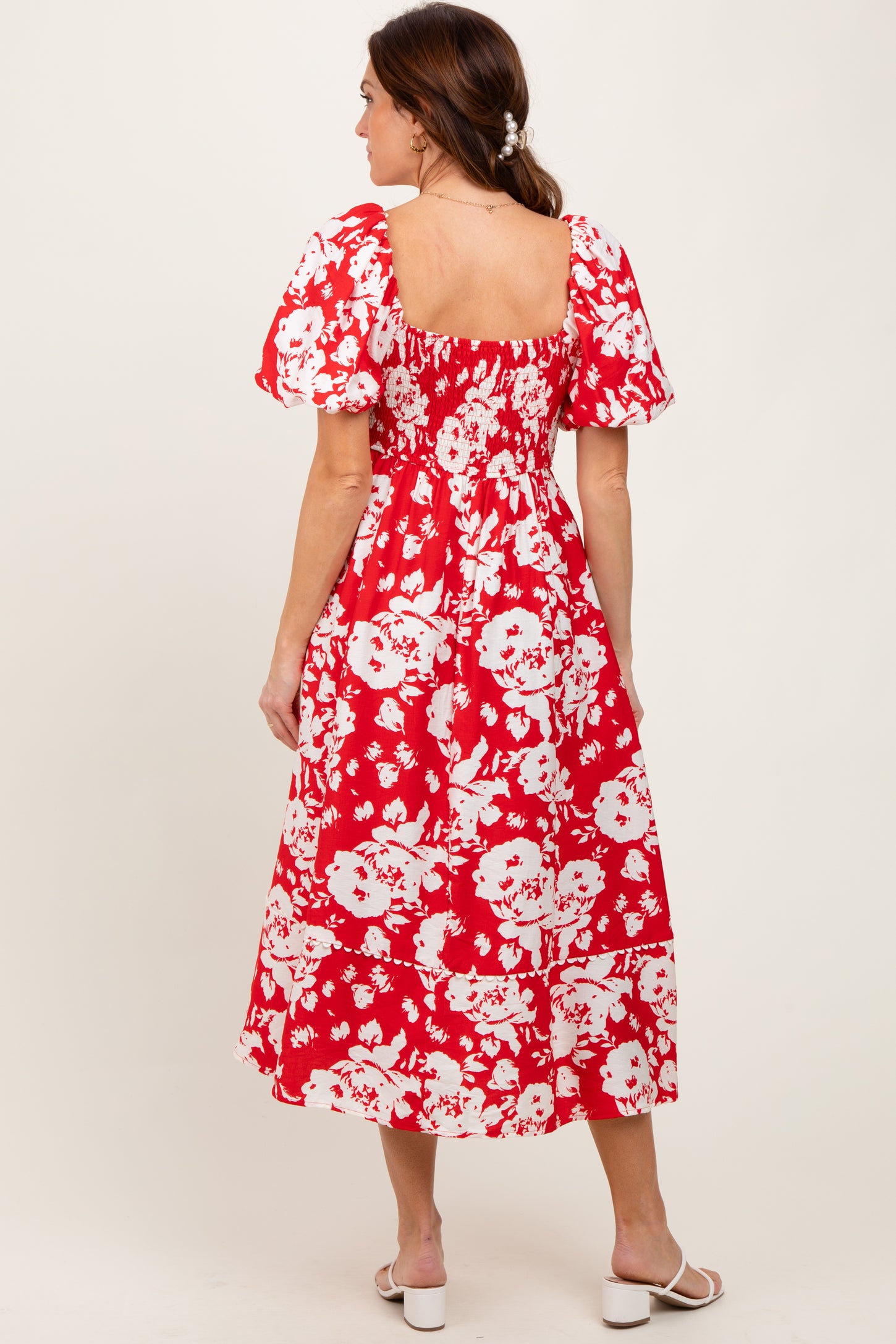 Red Floral Scallop Trim Puff Sleeve Midi Dress