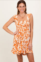 Orange Printed Smocked Ruffle Strap Maternity Dress
