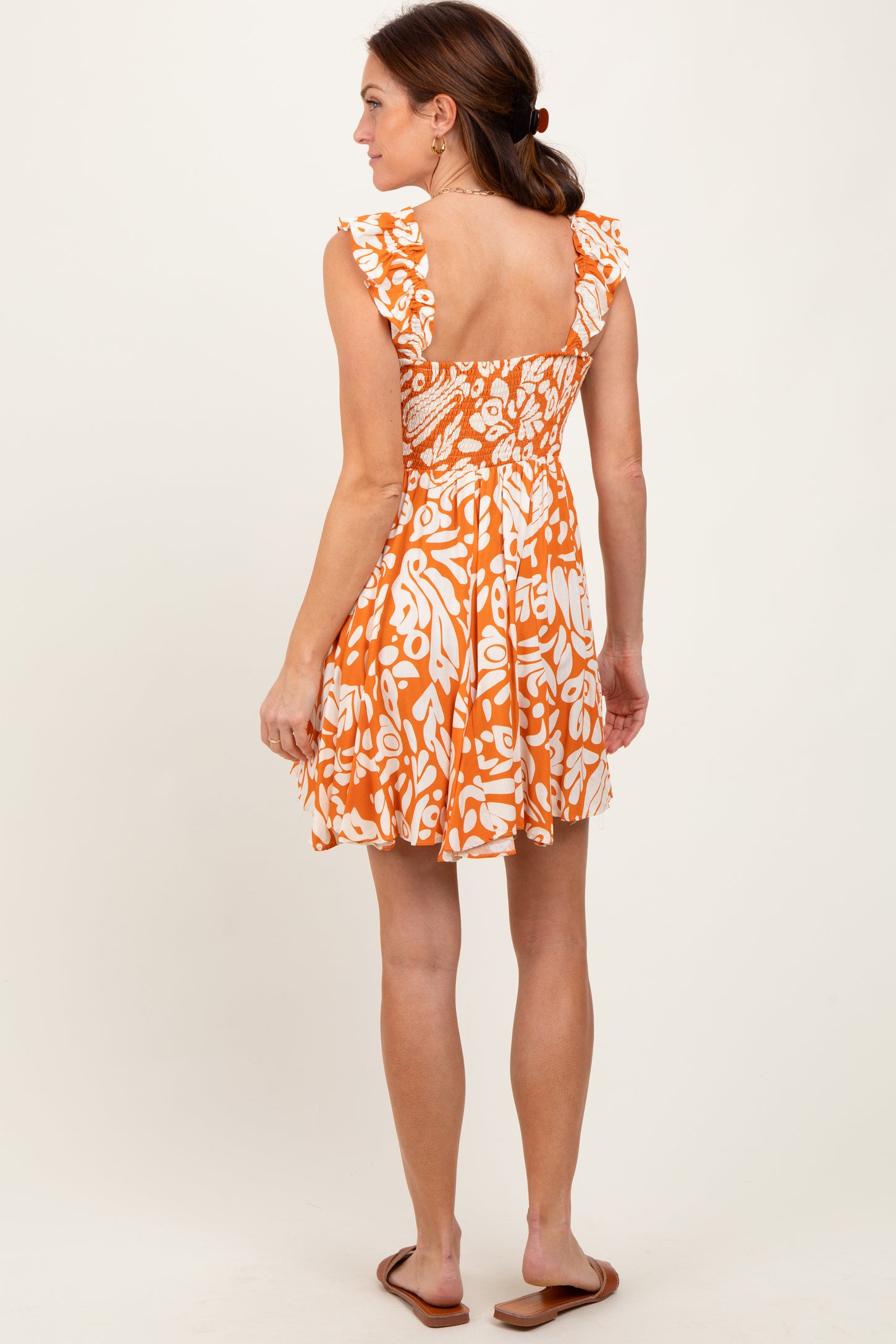 Orange Printed Smocked Ruffle Strap Dress