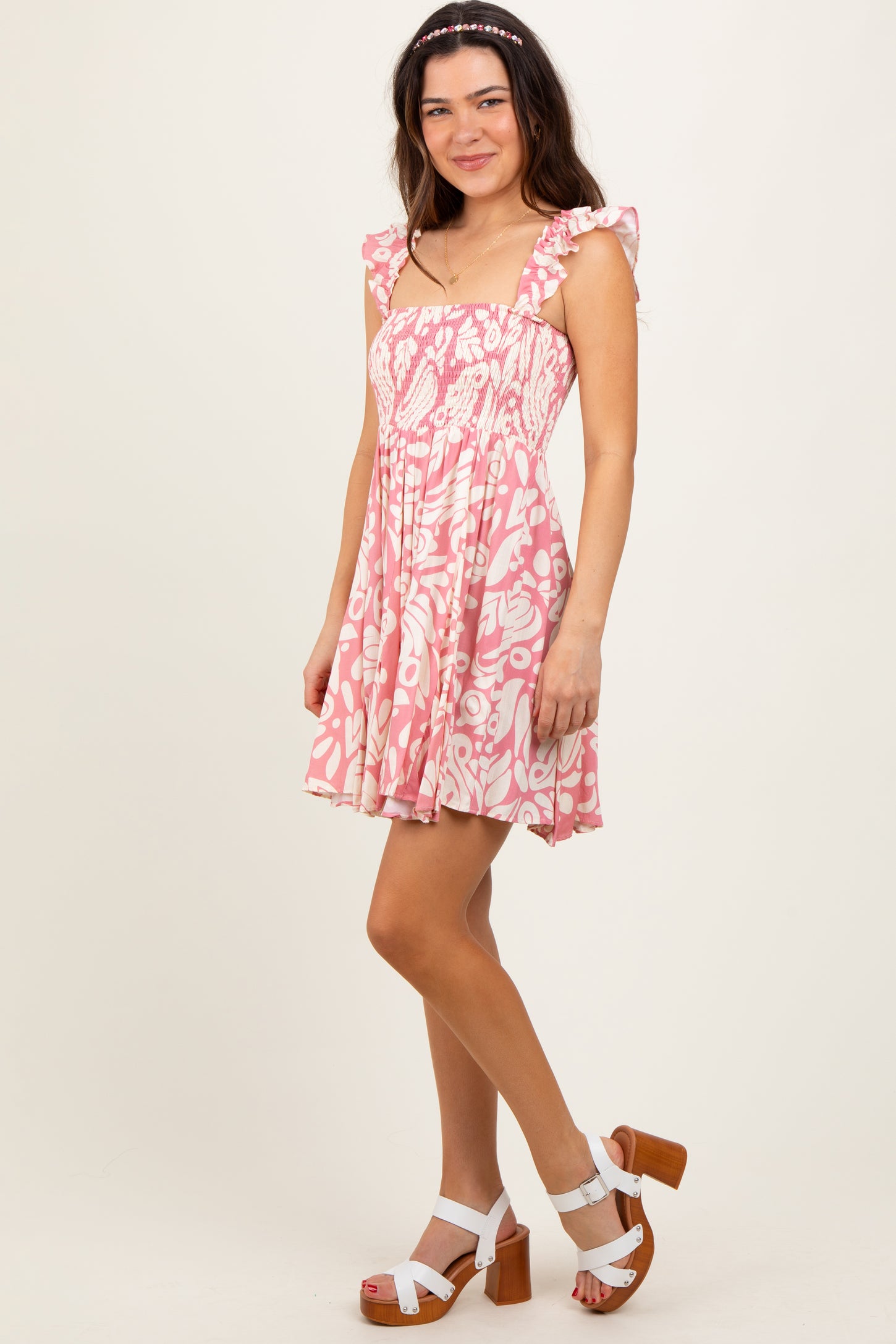 Pink Printed Smocked Ruffle Strap Dress