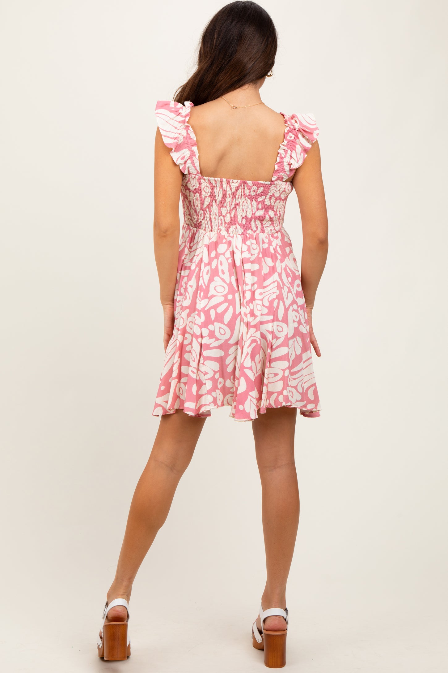 Pink Printed Smocked Ruffle Strap Dress