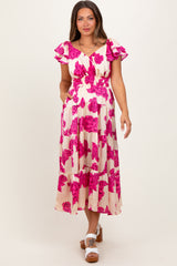 Cream Floral Smocked Waist Tiered Maternity Midi Dress