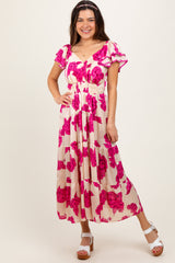 Cream Floral Smocked Waist Tiered Maternity Midi Dress