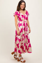 Cream Floral Smocked Waist Tiered Midi Dress