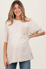 Light Beige Mineral Wash Crochet Pocket Maternity Top