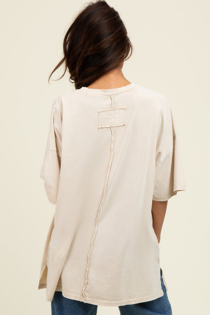 Light Beige Mineral Wash Crochet Pocket Top