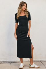 Black Ribbed Short Sleeve Side Slit Midi Dress
