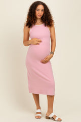Pink Ribbed Knit Embroidered Maternity Midi Dress