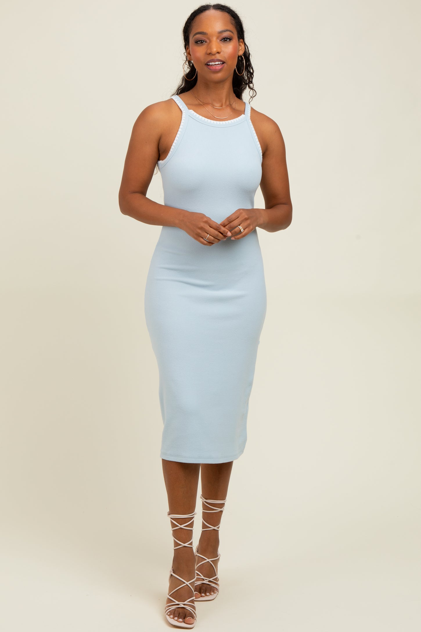 Light Blue Ribbed Knit Embroidered Midi Dress PinkBlush Light Blue Ribbed Knit Embroidered Midi Dress PinkBlush