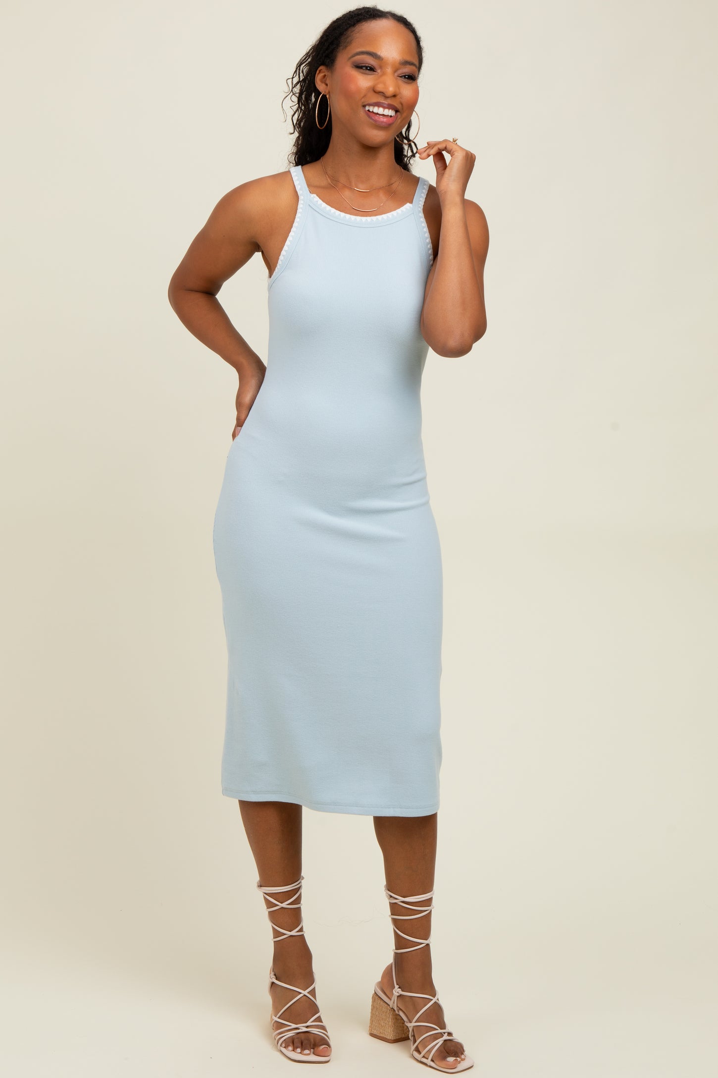 Light Blue Ribbed Knit Embroidered Midi Dress