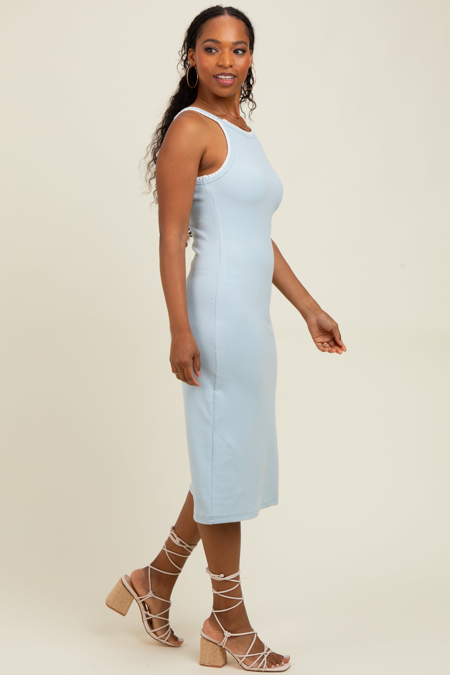 Light Blue Ribbed Knit Embroidered Midi Dress