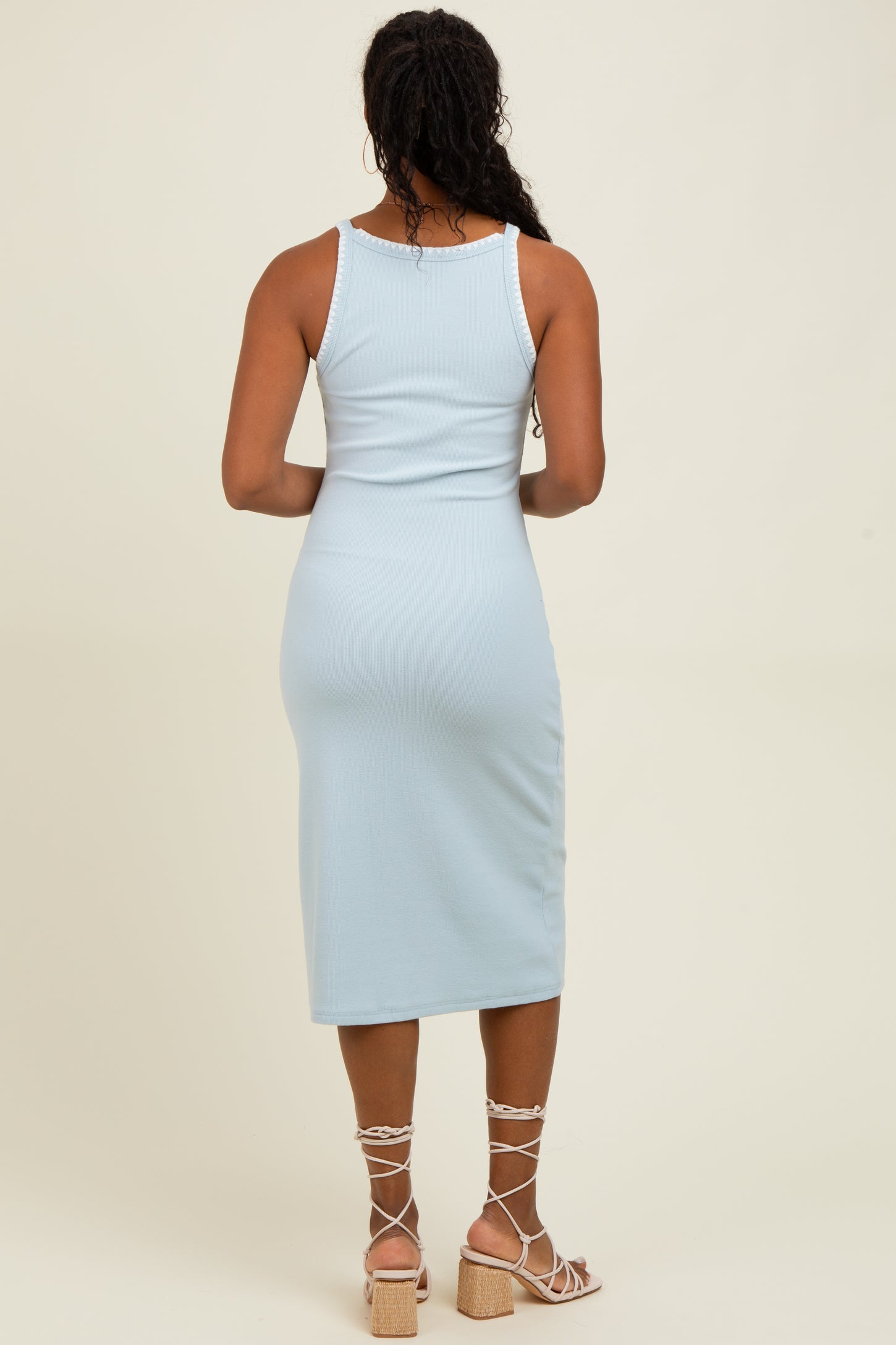 Light Blue Ribbed Knit Embroidered Midi Dress