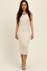 Beige Ribbed Knit Embroidered Midi Dress