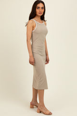 Taupe Ribbed Knit Embroidered Midi Dress