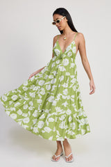 Lime Floral Front Tie Tiered Maternity Midi Dress