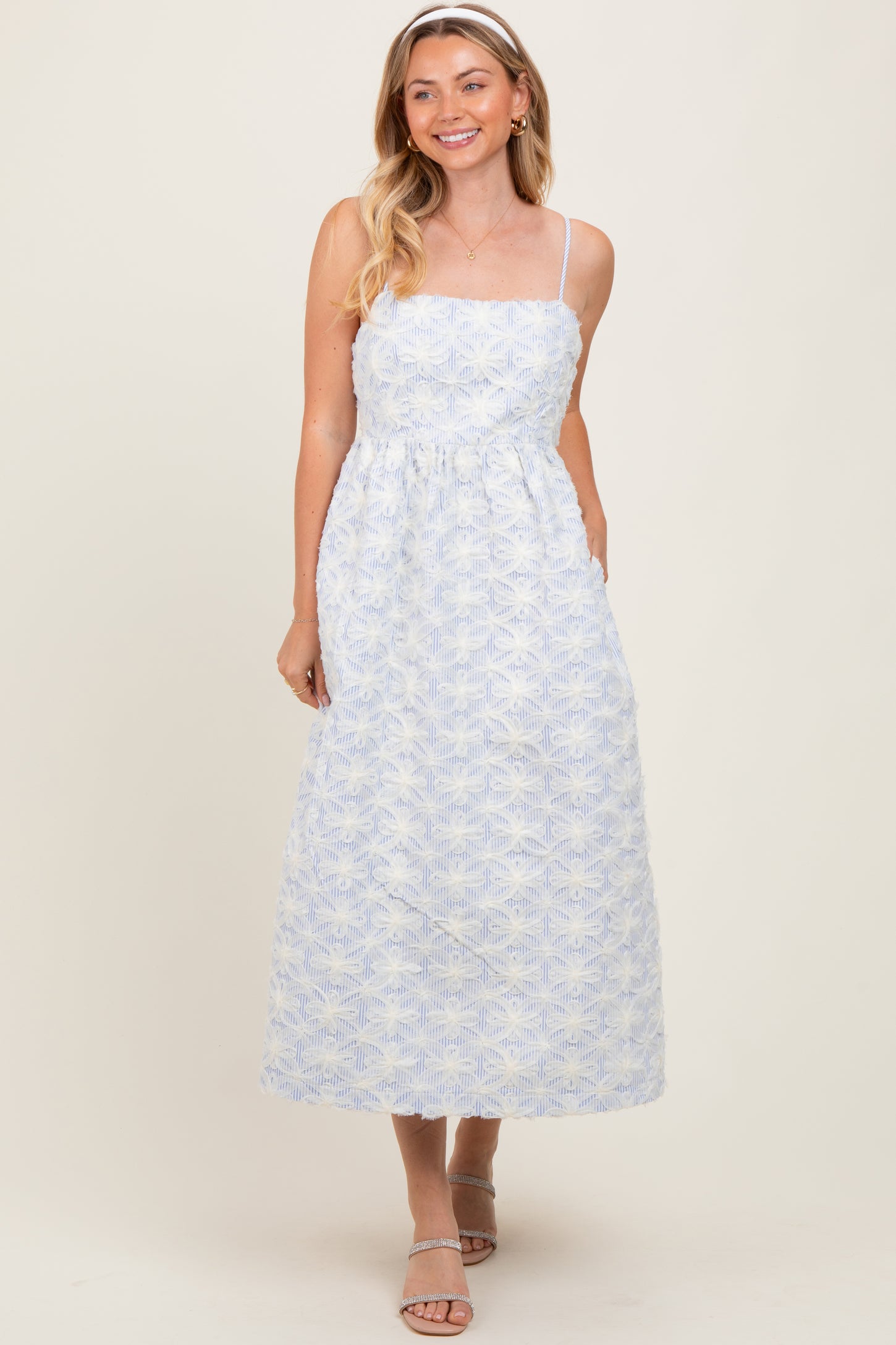 Blue Striped Floral Applique Midi Dress