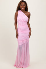 Light Pink Ruched Mesh One Shoulder Maternity Maxi Dress