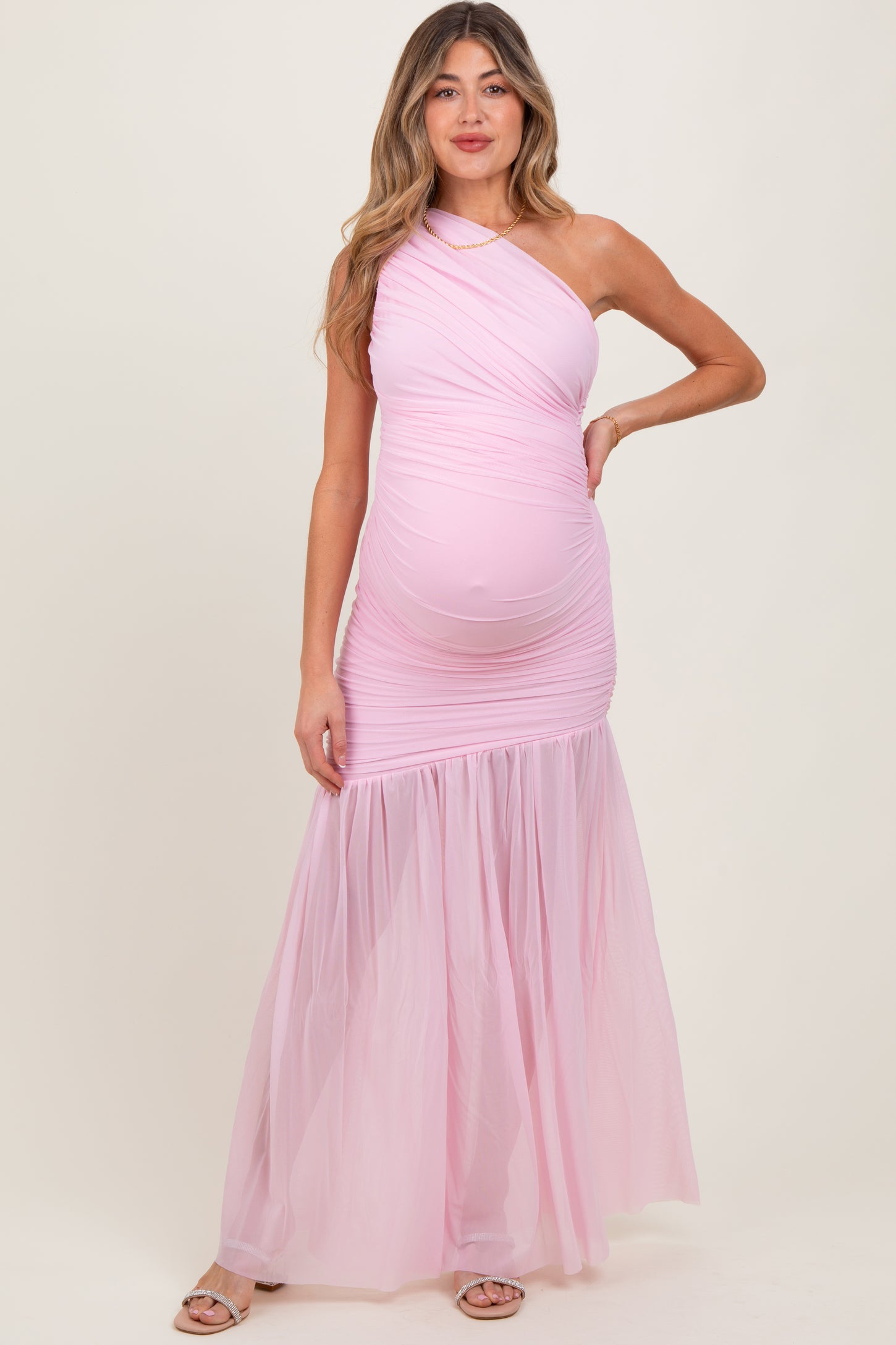 Light Pink Ruched Mesh One Shoulder Maternity Maxi Dress Light Pink Ruched Mesh One Shoulder Maternity Maxi Dress