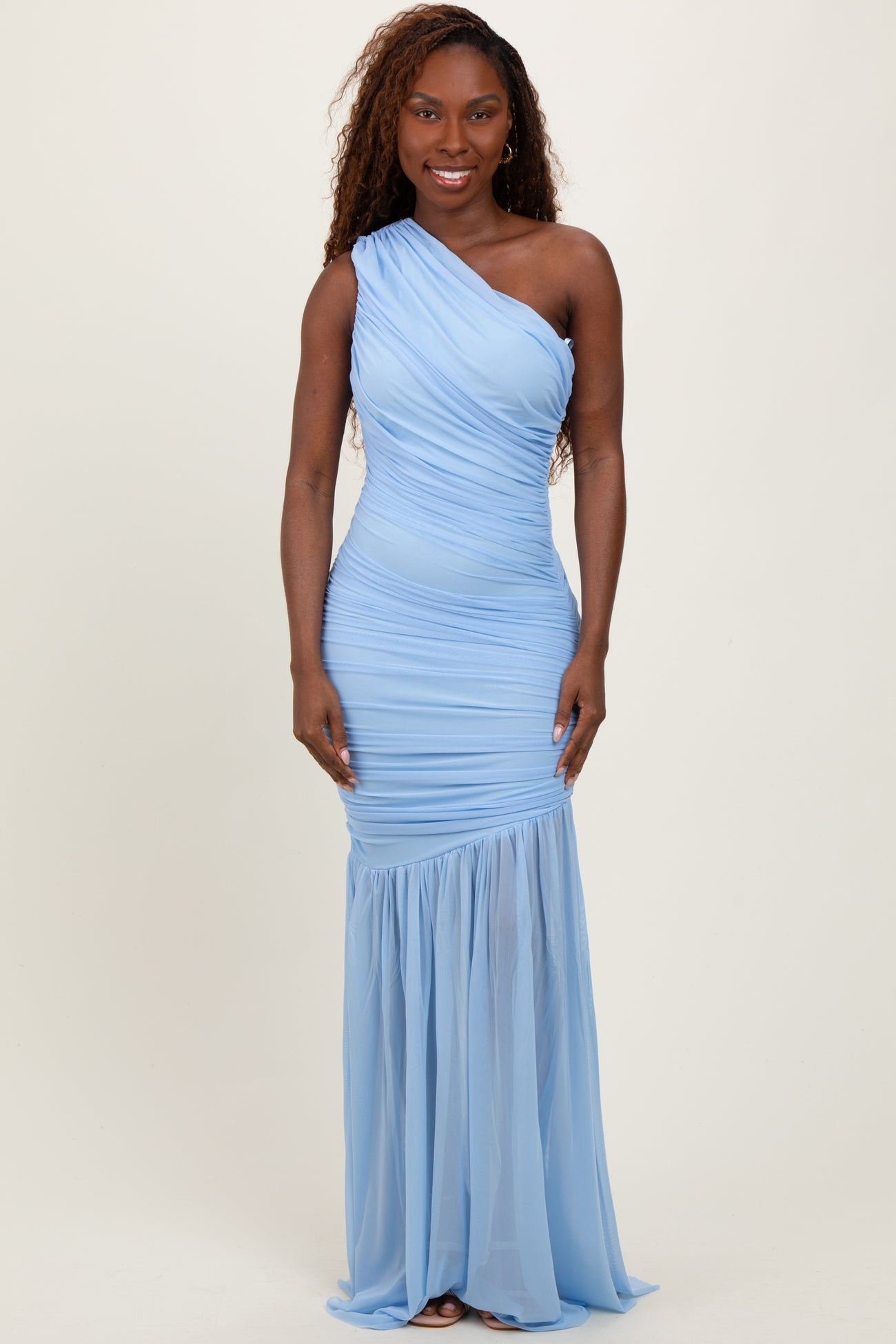 Light Blue Ruched Mesh One Shoulder Maternity Maxi Dress – PinkBlush