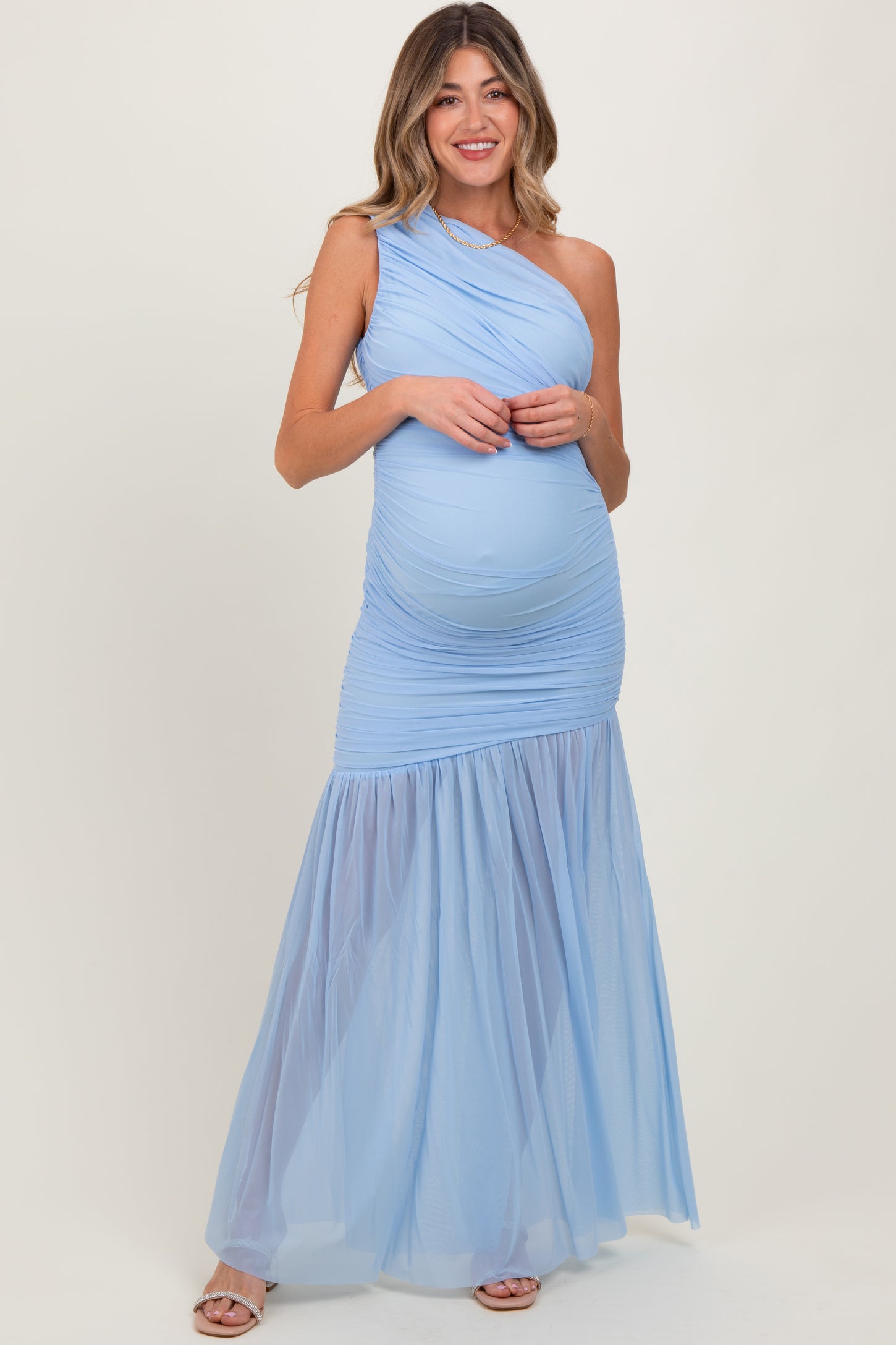 Light Blue Ruched Mesh One Shoulder Maternity Maxi Dress