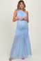 Light Blue Ruched Mesh One Shoulder Maternity Maxi Dress
