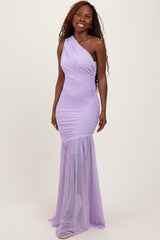 Lavender Ruched Mesh One Shoulder Maternity Maxi Dress