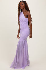 Lavender Ruched Mesh One Shoulder Maxi Dress