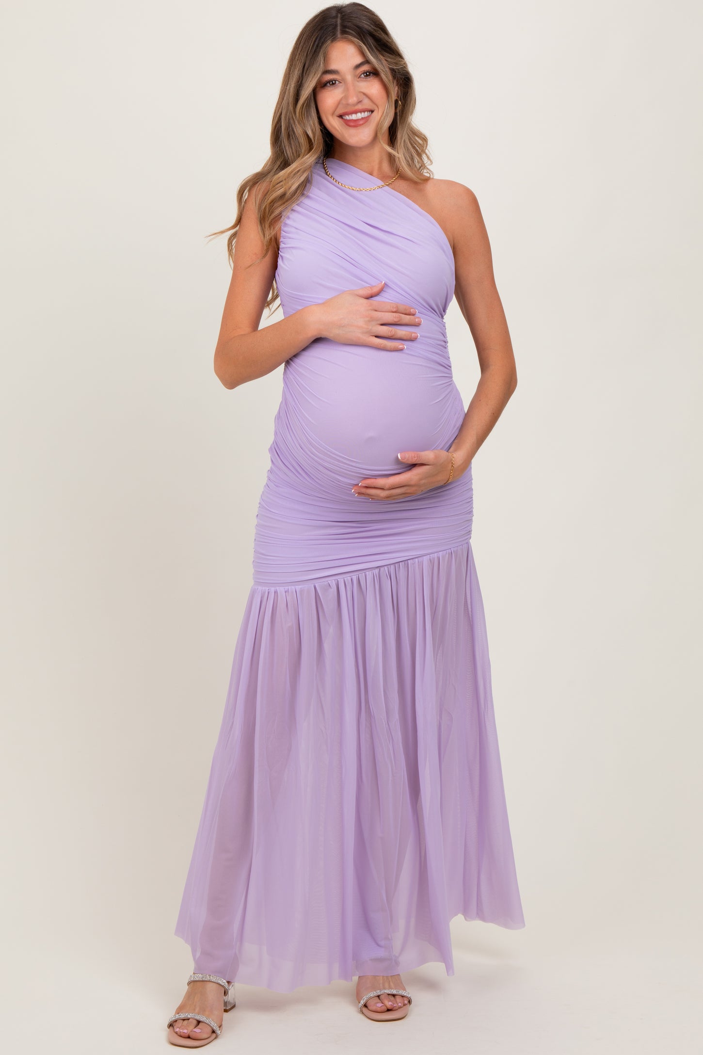 Lavender Ruched Mesh One Shoulder Maternity Maxi Dress – PinkBlush Lavender Ruched Mesh One Shoulder Maternity Maxi Dress – PinkBlush